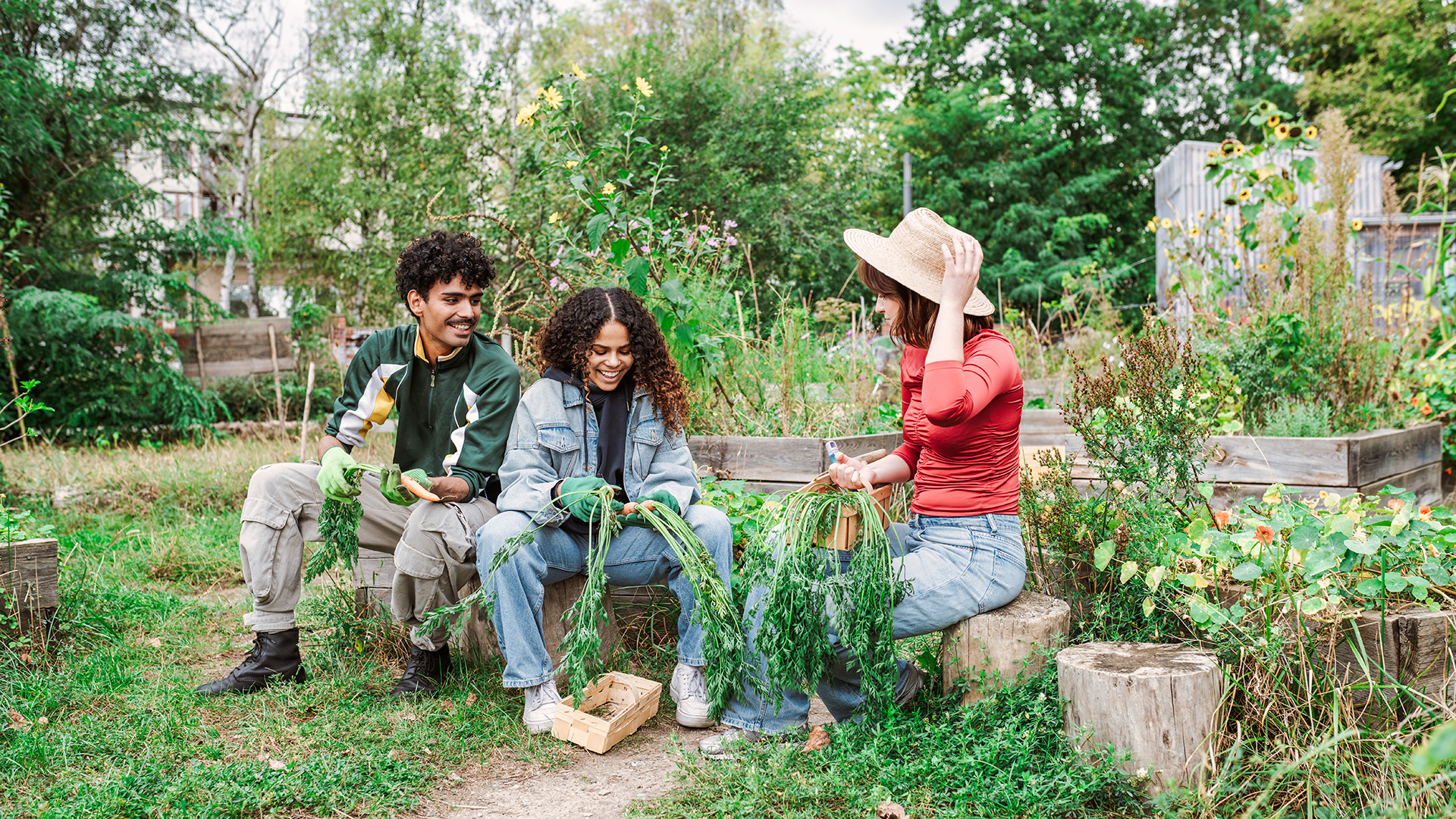 Drei junge Personen sitzen in einem urbanen Stadtgarten und sprechen miteinander Foto: GettyImages/golero