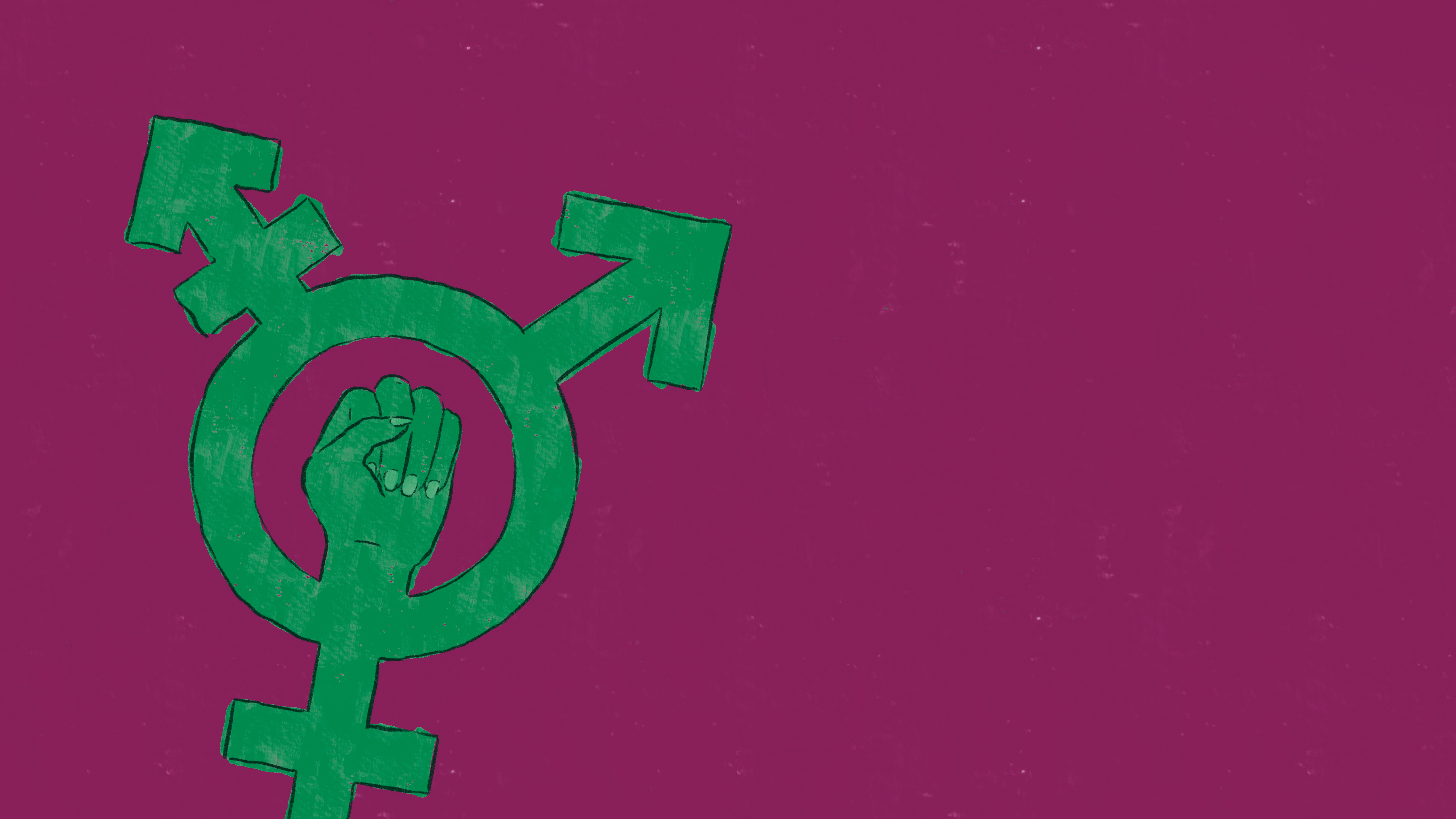 Ein lilafarbenes Farbfeld mit einem grünen Zeichen: eine gereckte Faust in einem grünen Gender-Symbol. 