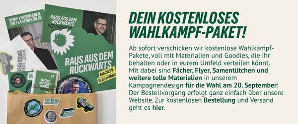 Sticker, Flyer, Samentütchen und Tattoos mit Motiven der Grünen Berlin schauen aus einem Umschlag heraus.
