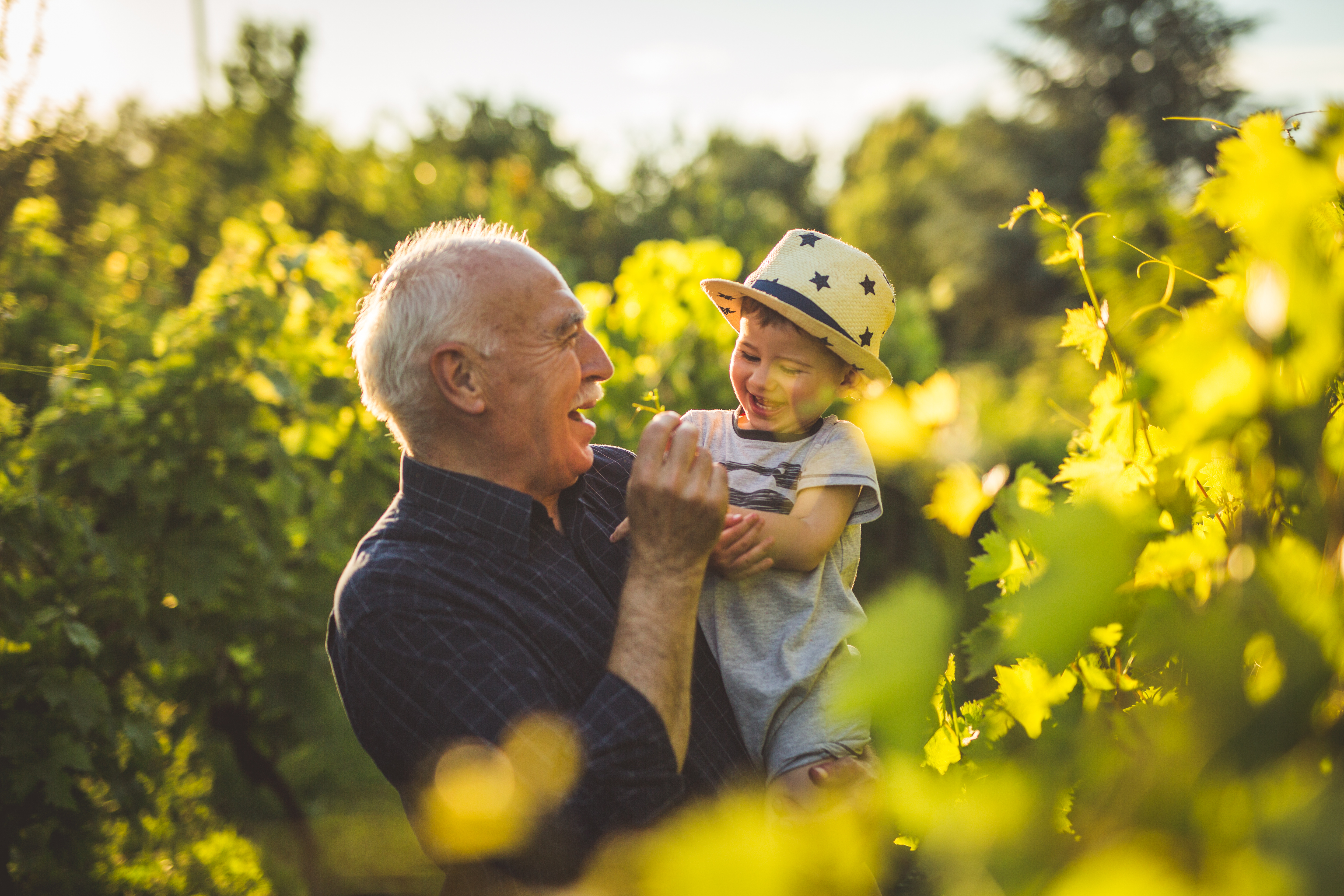 Ein älterer Mann hält lächelnd ein lächelndes Kind auf dem Arm, sie sehen sich gegenseitig fröhlich an. Beide stehen an einem sonnigen Tag in einem Feld und sind umgeben von Grün. Foto: Milan Stojkovic via Getty Images