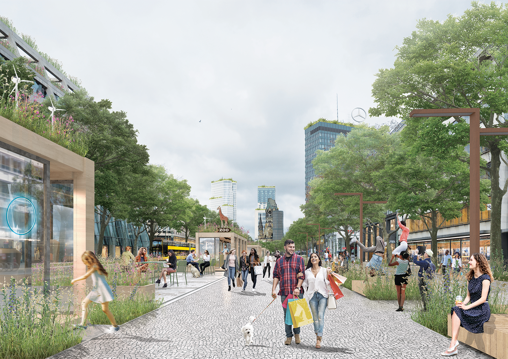 Eine Grafik der Tauentzienstraße, auf dem Foto ist die Straße zu sehen, mit zusätzlichen Elementen wie mehr Gebrünung, Dachbegrünung und einen Mittelstreifen, auf dem Menschen flanieren und verschiedenen Sport- und Kulturangebote hinzugefügt sind Bündnis 90/Die Grünen Berlin /MLA+