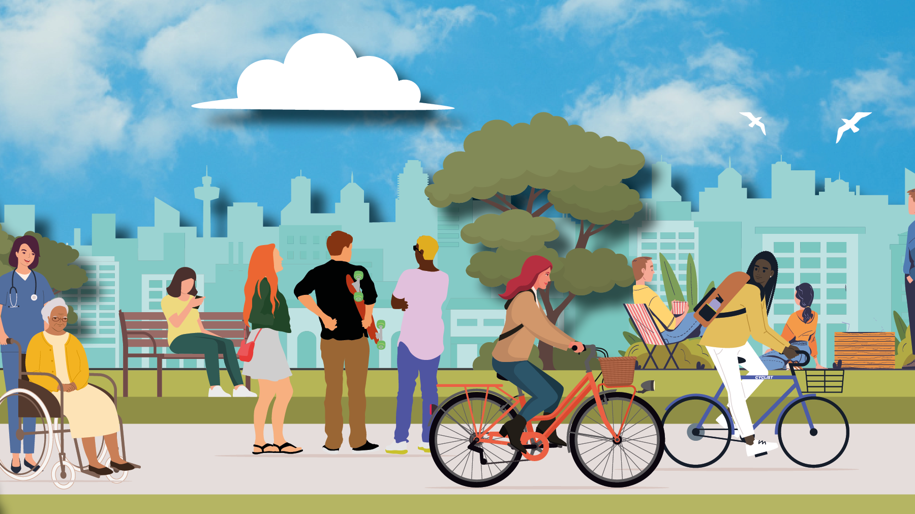 Eine Illustration einer Stadtszenerie: Personen auf Fahrrädern, Fußgänger*innen, Bäume und Verkehrswege, im Hintergrund blauer Himmel. Bündnis 90/Die Grünen Berlin