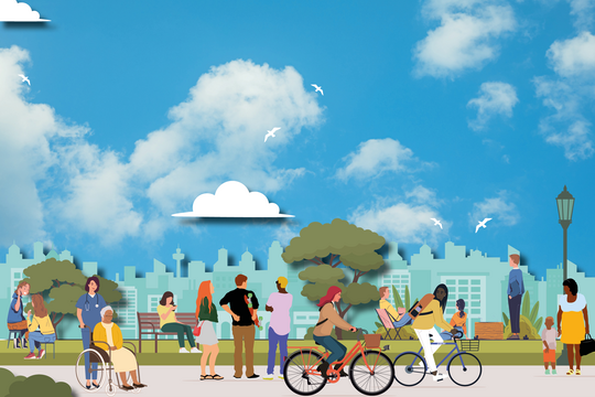 Eine Illustration einer Stadtszenerie: Personen auf Fahrrädern, Fußgänger*innen, Bäume und Verkehrswege, im Hintergrund blauer Himmel. Bündnis 90/Die Grünen Berlin