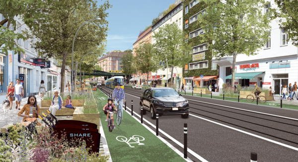 Eine Grafik, die die Danziger Straße zeigt, mit hinzugefügten Elementen wie einem abgetrennten Radstreifen, Dachbegrünung, Einkaufs- und Sitzmöglichkeiten Bündnis 90/Die Grünen Berlin / MLA+