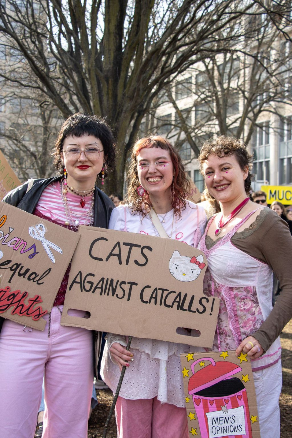 Ein Blick in die Menge einer Demo zum 8. März, drei Personen mit Demoschildern im Vordergrund. Auf einem Schild steht: Cats against Catcalls.