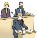 Ein gezeichnetes Bild einer Person in einem Parlament, die an einem Redepult spricht