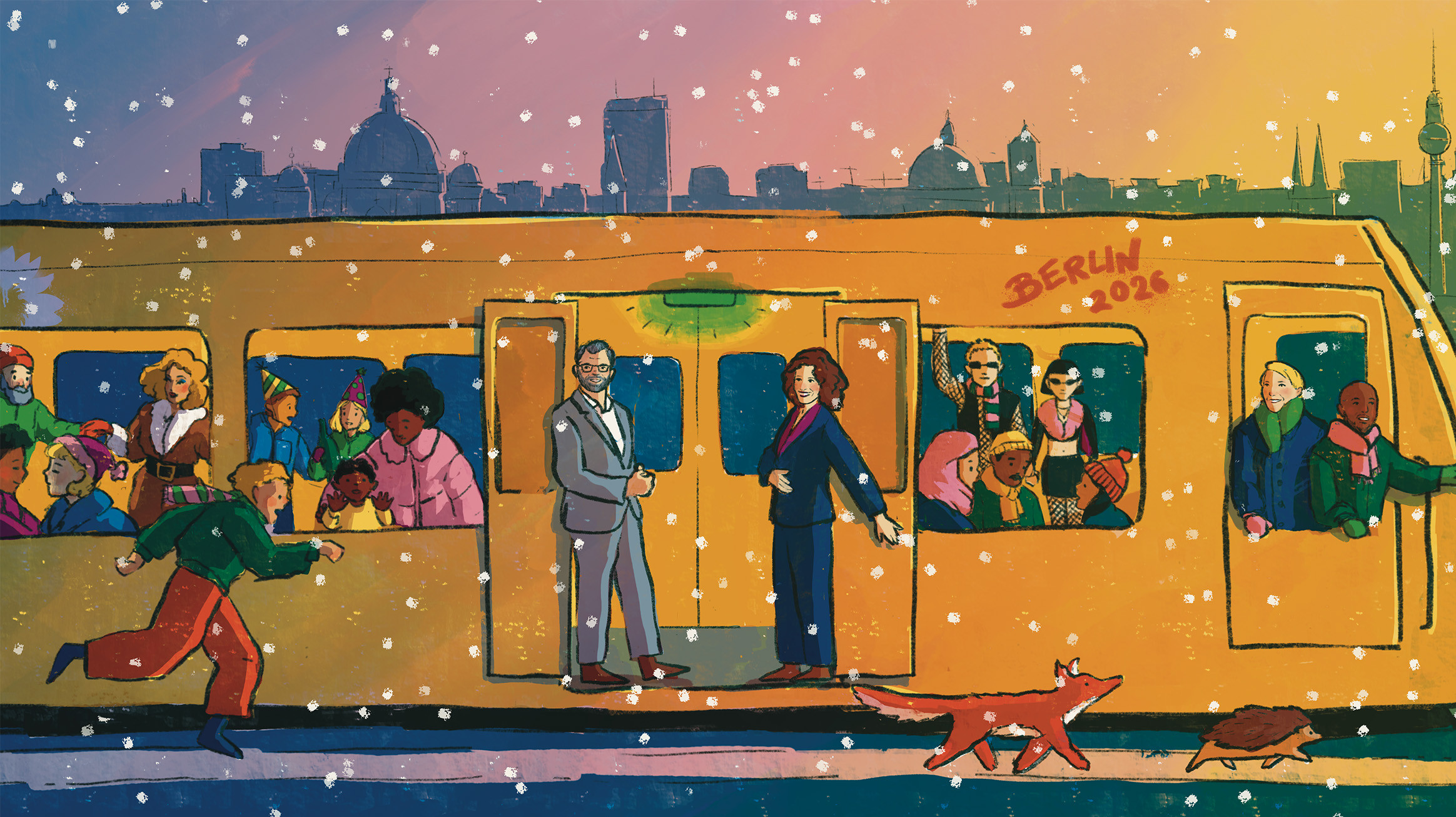 Illustration mit einer Tram im Schnee, viele Mitfahrende in der Tram, als Zugführer*innen sind Nina Stahr und Philmon Ghirmai im Vorderteil und schauen aus dem Fenster. Werner Graf und Bettina stehen an einer geöffneten Tür und winken. 