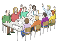 Ein gezeichnetes Bild einer Gruppe Menschen, die an einem Tisch sitzen und diskutieren 