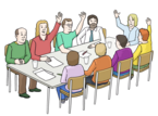 Ein gezeichnetes Bild einer Gruppe Menschen, die an einem Tisch sitzen und diskutieren 